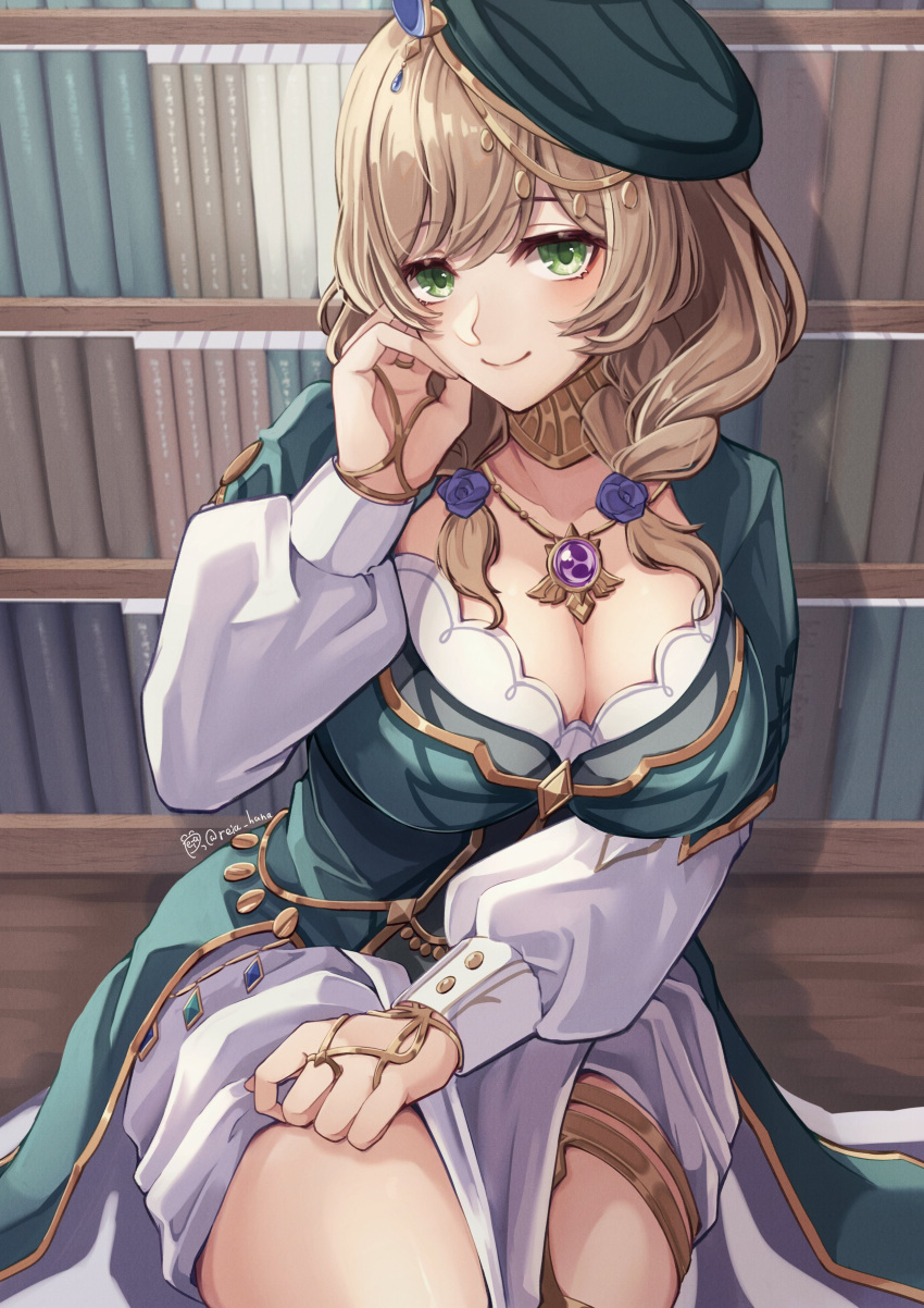 1girl absurdres beret bookshelf braid breasts brown_hair cleavage genshin_impact green_eyes green_headwear hat highres jewelry large_breasts lisa_(a_sobriquet_under_shade)_(genshin_impact) lisa_(genshin_impact) long_hair long_sleeves looking_at_viewer neck_ring necklace official_alternate_costume official_alternate_hairstyle puffy_long_sleeves puffy_sleeves reia_hana smile solo thighlet thighs twin_braids vision_(genshin_impact)