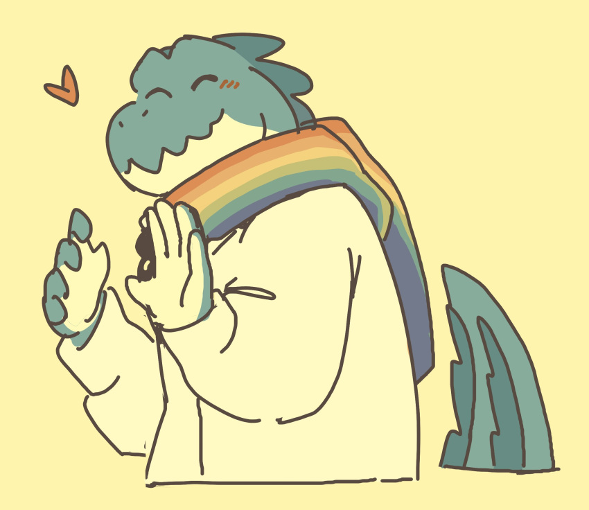 &lt;3 anthro blush clothing crocodile crocodilian crocodylid doginacafe duncan_(doginacafe) eyes_closed hi_res lgbt_pride male multicolored_scarf pride_colors rainbow_pride_colors rainbow_scarf reptile scalie scarf shirt simple_background solo topwear