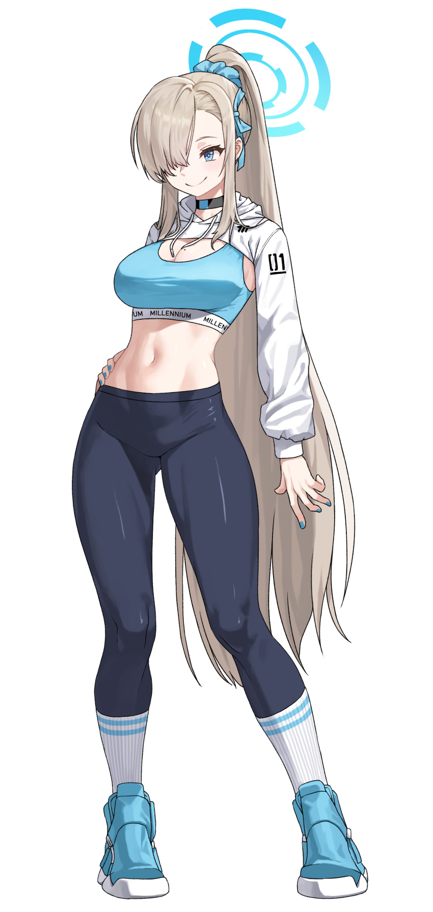 1girl absurdres alfie_(artist) alternate_costume asuna_(blue_archive) asymmetrical_bangs black_leggings blue_archive breasts cleavage fingernails full_body hair_over_one_eye halo hand_on_own_hip highres large_breasts leggings light_brown_hair long_bangs long_hair long_sleeves mole mole_on_breast nail_polish navel one_eye_covered ponytail shoes shrug_(clothing) simple_background sneakers solo sports_bra stomach very_long_hair