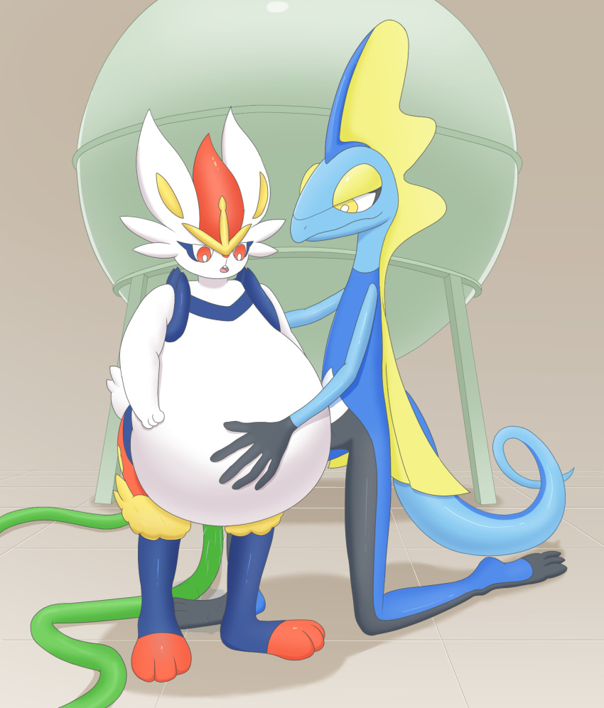 2023 ambiguous_gender belly belly_expansion belly_inflation blue_body blue_tail buckteeth cinderace colored digital_media_(artwork) duo expansion front_view generation_8_pokemon green_hose grey_background hand_on_another's_belly hand_on_stomach hgh-pine hi_res hose hose_in_butt huge_belly inflation inflation_fetish inteleon kneeling liquid_inflation looking_at_belly nintendo open_mouth pokemon pokemon_(species) red_eyes red_nose scut_tail shaded short_tail simple_background standing swelling tail teeth water_inflation water_tank white_body white_ears white_tail yellow_eyelids yellow_eyes yellow_inner_ear