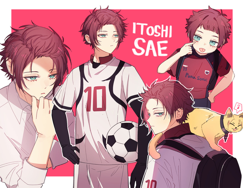 4boys aged_down akanbe animal backpack bag ball blue_eyes blue_lock blunt_bangs cat character_name collared_shirt cowboy_shot itoshi_sae long_sleeves looking_at_viewer looking_away male_focus multiple_boys nokcha26 red_background red_hair red_shirt shirt short_hair shorts soccer_ball soccer_uniform sportswear standing tongue tongue_out white_shirt white_shorts