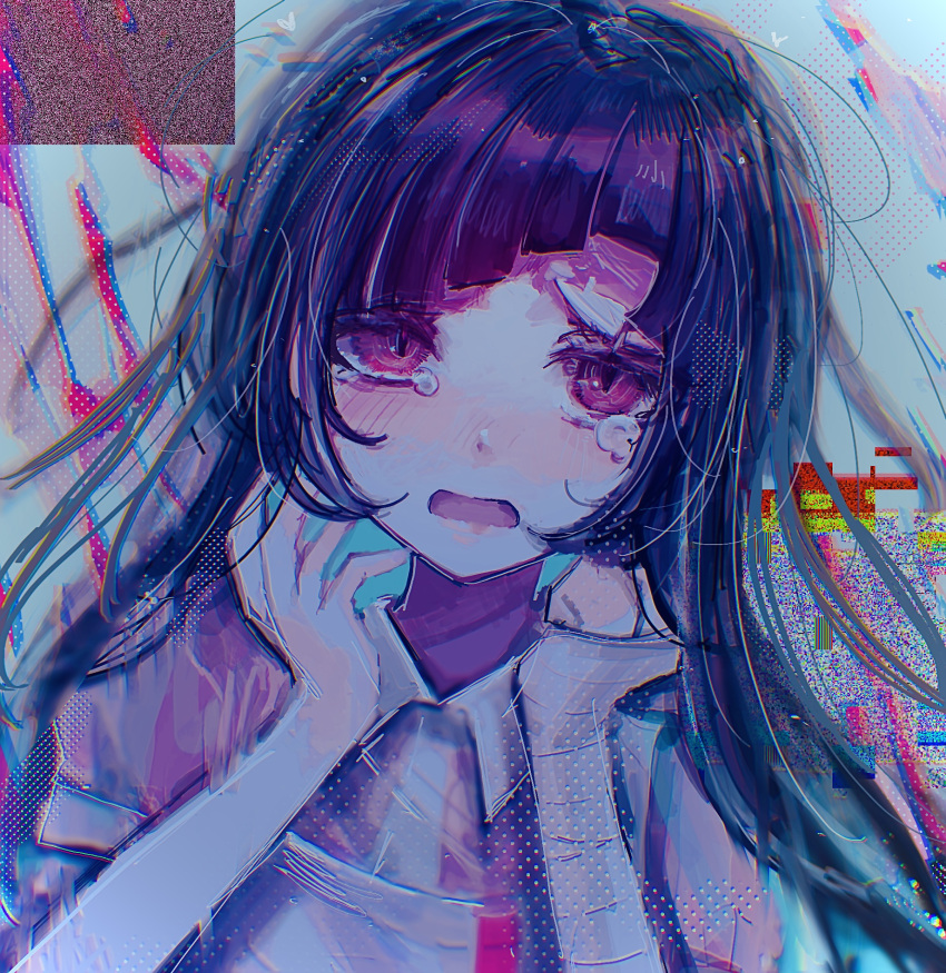 1girl apron bandaged_arm bandages blush collared_shirt d: danganronpa_(series) danganronpa_2:_goodbye_despair hands_up highres long_hair messy_hair multicolored_background naruse_(nal1525) open_mouth pink_eyes pink_shirt puffy_short_sleeves puffy_sleeves purple_hair shirt short_sleeves slit_pupils solo tearing_up tsumiki_mikan