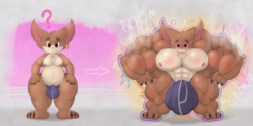 4_fingers abs almond_(vezerem) anthro balls big_balls big_muscles big_penis blush brown_body brown_fur bulge clothed clothing english_text expansion feet fingers fur genitals growth hair hi_res huge_balls huge_muscles huge_penis hyper hyper_genitalia hyper_muscles hyper_penis league_of_legends magic male mammal muscle_growth muscular muscular_male nipples pecs penis riot_games sequence simple_background solo text toes underwear underwear_only vezerem yordle