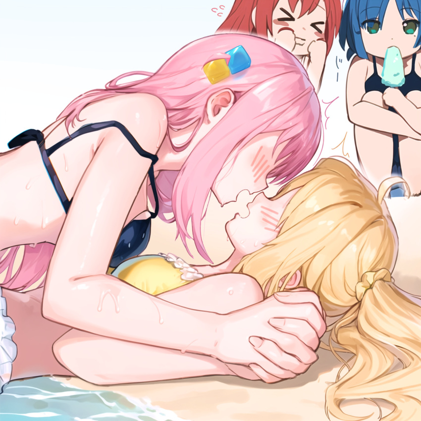 &gt;_&lt; 4girls after_kiss ahoge ai-assisted bare_arms bare_shoulders beach bikini black_bikini blonde_hair blue_hair blue_one-piece_swimsuit blush blush_stickers bocchi_the_rock! breast_press breasts commentary cube_hair_ornament embarrassed expressionless fingernails flying_sweatdrops food frilled_bikini frills from_side full-face_blush girl_on_top gotou_hitori hair_between_eyes hair_ornament half_updo highres holding_hands ice_cream ijichi_nijika interlocked_fingers kadohusa_ginpo kita_ikuyo large_breasts lips long_hair looking_at_another lying multiple_girls no_eyes nose ocean off_shoulder on_back one-piece_swimsuit one_side_up outdoors pink_hair red_hair shiny_skin side_ponytail sidelocks simple_background small_breasts squatting surprised swimsuit symmetrical_docking twitching very_long_hair wet wet_hair white_background yamada_ryou yellow_bikini yuri