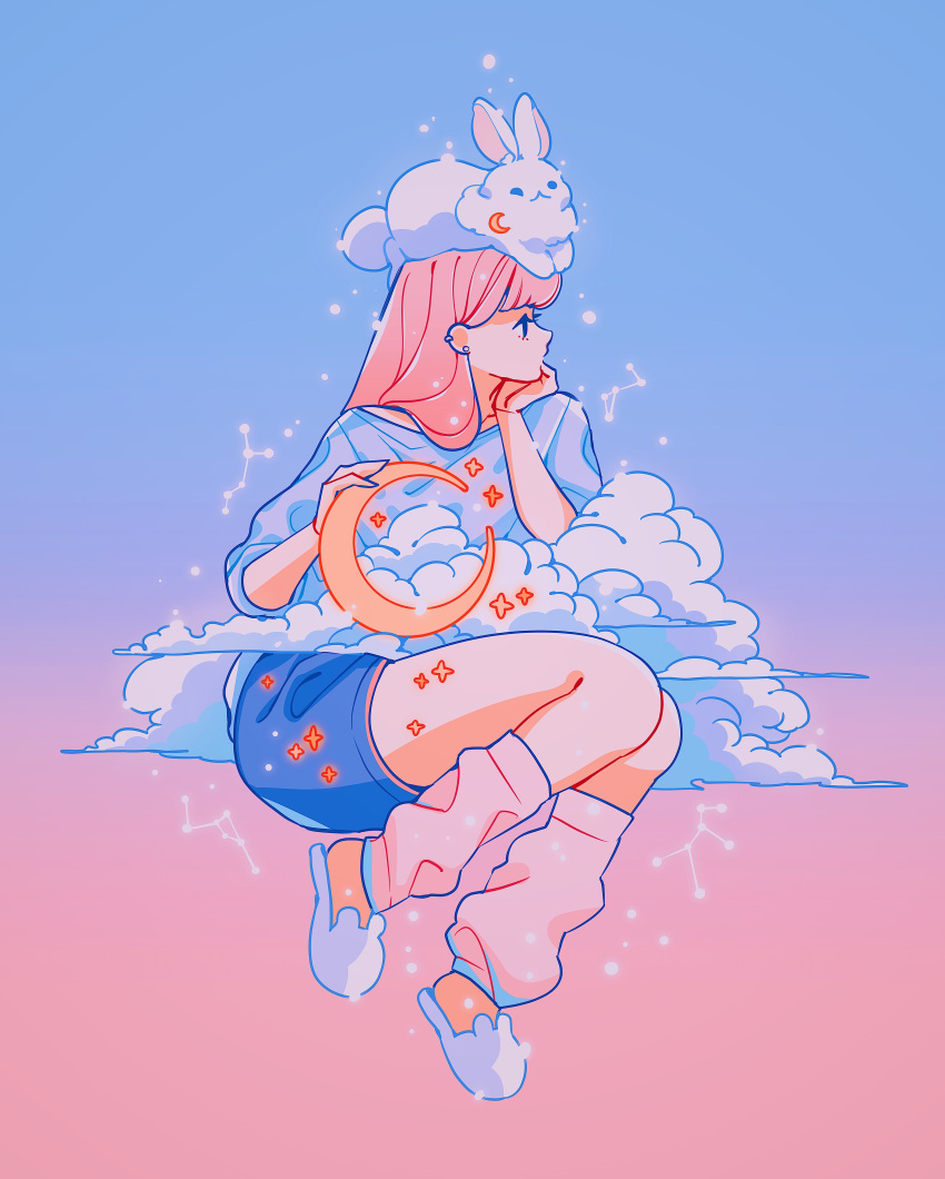 1girl absurdres animal_on_head blue_shirt blue_shorts cloud constellation ear_piercing highres knees_up long_hair meyoco on_head original piercing pink_hair pink_leg_warmers profile rabbit rabbit_on_head shirt shorts slippers solo white_footwear white_rabbit_(animal)