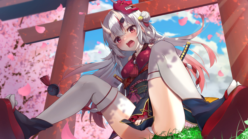 1girl absurdres black_kimono black_sleeves blush breasts cherry_blossoms geta gradient_hair grey_hair hair_bun highres hololive horns japanese_clothes kimono kounotori long_hair long_sleeves looking_at_viewer mask multicolored_hair nakiri_ayame nakiri_ayame_(1st_costume) oni oni_horns oni_mask open_mouth panties red_eyes red_footwear red_hair red_kimono sidelocks single_hair_bun sleeveless sleeveless_kimono small_breasts streaked_hair sword sword_on_back teeth thighhighs underwear upper_teeth_only virtual_youtuber weapon weapon_on_back white_panties white_thighhighs