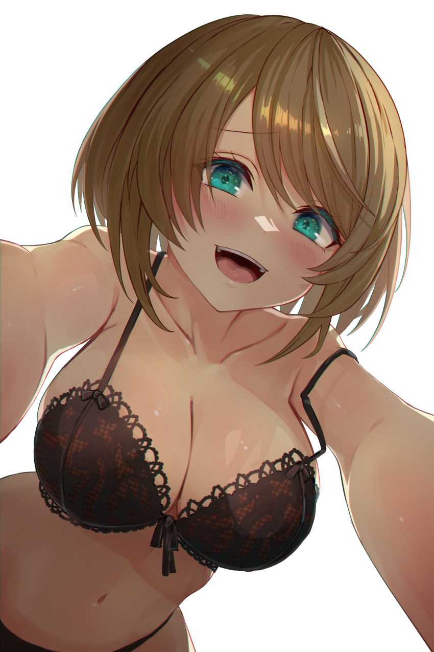 1girl absurdres aogiri_koukou black_bra black_panties bra breasts cleavage collarbone from_below front-tie_bra green_eyes highres kkix25 kurikoma_komaru large_breasts light_brown_hair medium_hair midriff navel open_mouth panties solo strap_slip teeth underwear underwear_only upper_teeth_only virtual_youtuber