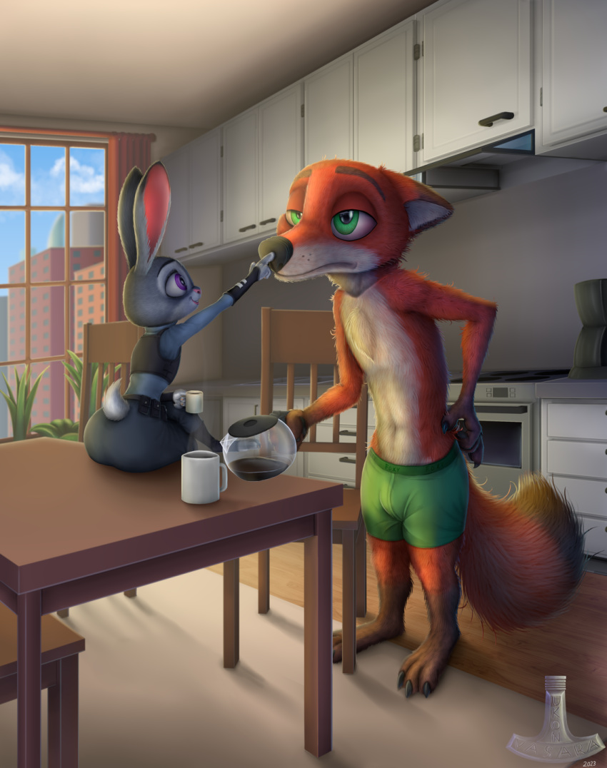 2023 anthro beverage boop boxer_briefs boxer_briefs_only canid canine chest_tuft claws clothed clothed_female clothing coffee coffee_mug detailed_background digital_media_(artwork) dipstick_ears disney duo female flat_chested fox fully_clothed fully_clothed_female fur green_eyes grey_body grey_fur groggy hi_res judy_hopps kitchen lagomorph leporid long_ears male mammal morning multicolored_body multicolored_ears multicolored_fur nick_wilde nose_boop partially_clothed partially_clothed_male police police_uniform purple_eyes rabbit red_body red_fox red_fur scratching signature sitting sitting_on_table smile standing topless tuft ukon_vasara underwear underwear_only uniform zootopia