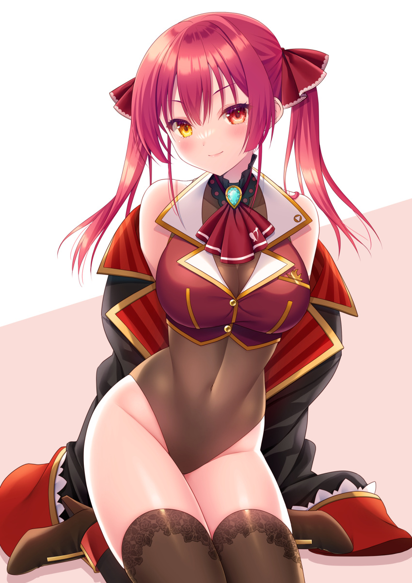 1girl bare_shoulders black_jacket breasts brooch brown_background brown_footwear brown_leotard brown_thighhighs closed_mouth commentary_request covered_collarbone covered_navel groin hair_ribbon heterochromia high_heels highres hololive houshou_marine houshou_marine_(1st_costume) jacket jewelry leotard leotard_under_clothes long_hair long_sleeves looking_at_viewer medium_breasts minatsuki_alumi off_shoulder open_clothes open_jacket red_eyes red_hair red_jacket red_ribbon ribbon shoes sitting sleeveless sleeveless_jacket sleeves_past_fingers sleeves_past_wrists smile solo thighhighs twintails two-tone_background virtual_youtuber wariza white_background yellow_eyes