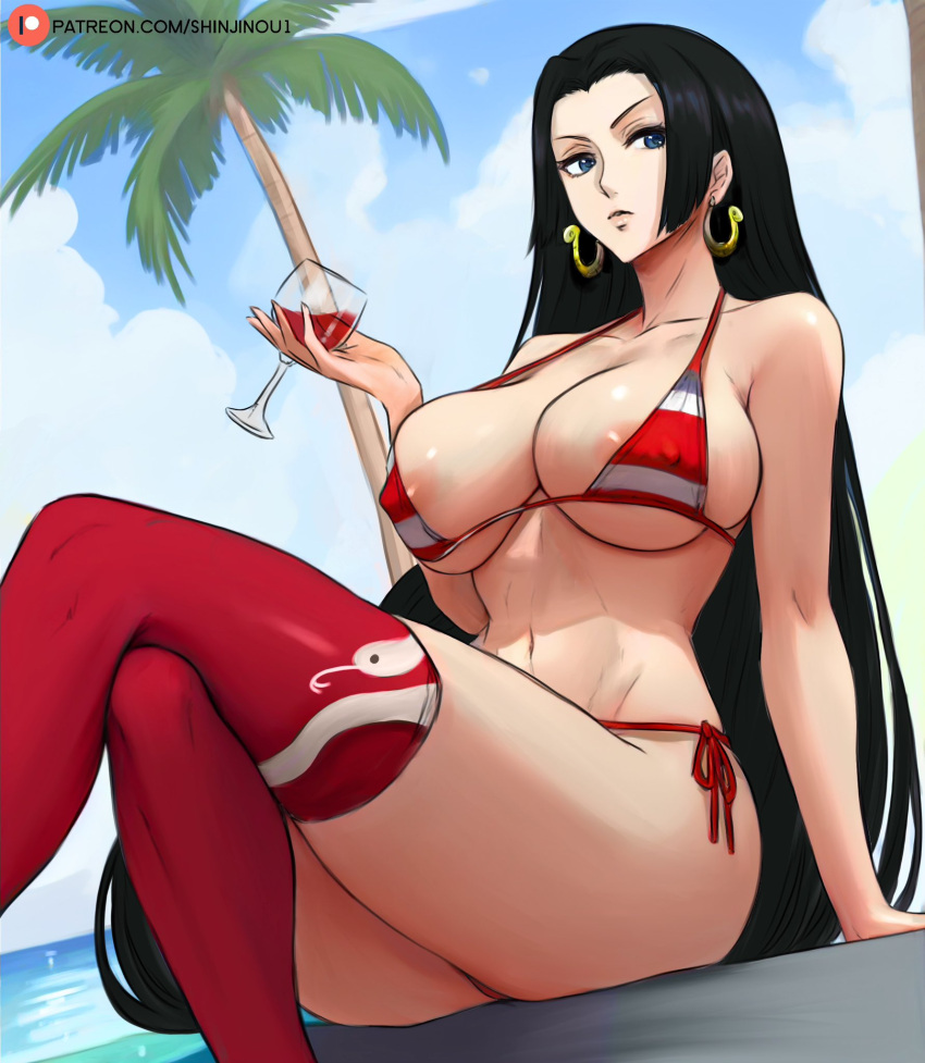 1girl areola_slip bad_link beach bikini boa_hancock breasts cloud cloudy_sky covered_nipples crossed_legs cup drinking_glass earrings highres holding holding_cup jewelry large_breasts long_hair midriff ocean one_piece outdoors palm_tree side-tie_bikini_bottom sitting sky snake_earrings solo swimsuit thighhighs tree very_long_hair