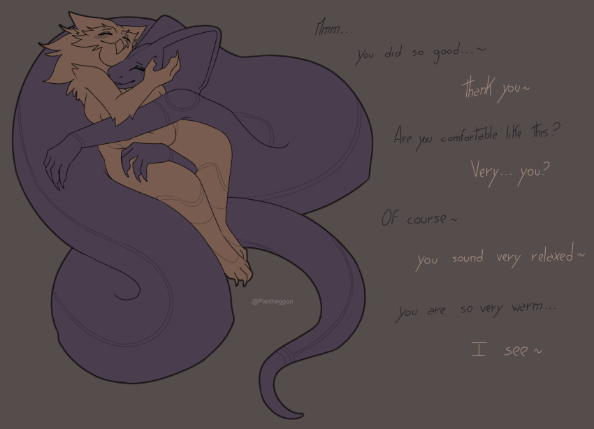 2023 after_sex aftercare anthro apode avian beak bird blush breasts cuddling curled_up dialogue digital_media_(artwork) draconcopode duo english_text eyes_closed feathers female female/female hi_res legless naga nipples owl pantheggon reptile scalie serpentine simple_background smile snake text