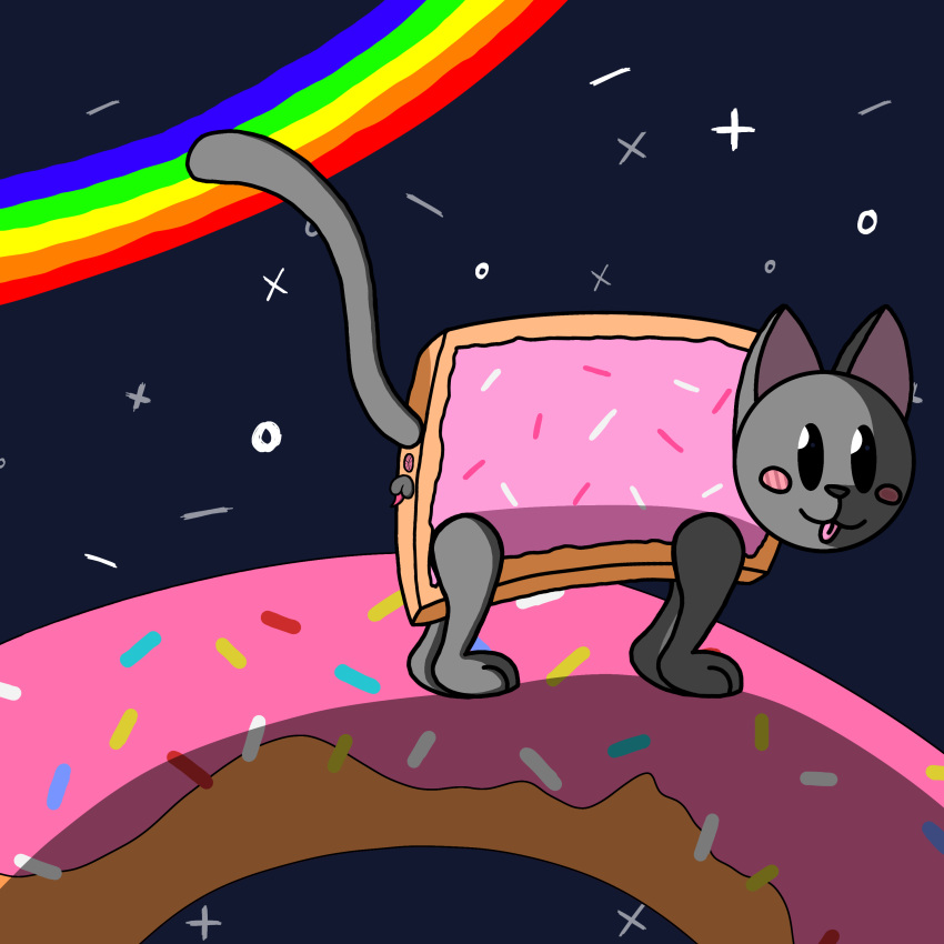 absurd_res animal_genitalia animal_penis anus balls blush blush_lines bod1_(artist) dessert doughnut felid feline feline_genitalia feline_penis feral food genitals hi_res male mammal meme nyan_cat nyan_cat_(copyright) penis rainbow small_balls small_penis solo space sprinkles star