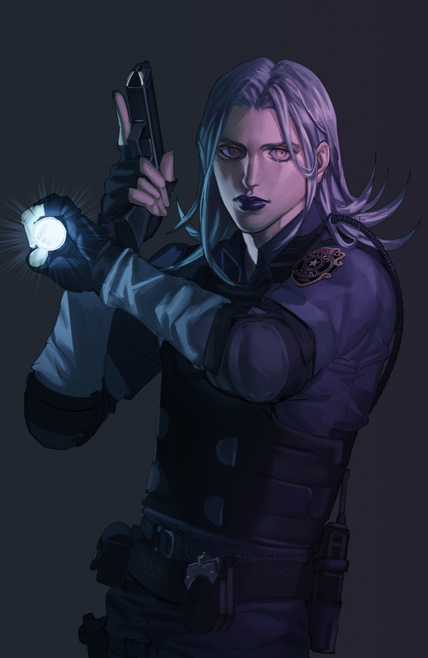 1boy absurdres black_lips brown_eyes derivative_work fingerless_gloves flashlight gloves grey_hair gun handgun highres holding holding_flashlight holding_gun holding_weapon jojo_no_kimyou_na_bouken leon_s._kennedy leone_abbacchio lipstick long_hair makeup male_focus name_connection natatazzz parody police police_uniform resident_evil resident_evil_2 resident_evil_2_(remake) reverse_grip solo trait_connection trigger_discipline uniform vento_aureo weapon