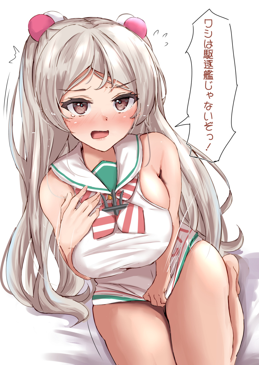 1girl absurdres blush breasts brown_eyes conte_di_cavour_(kancolle) cosplay dress grecale_(kancolle) grecale_(kancolle)_(cosplay) grey_hair highres kantai_collection large_breasts long_hair low-cut_armhole neckerchief open_mouth sailor_collar sailor_dress sakura_ab side-tie_dress sleeveless sleeveless_dress solo speech_bubble striped_neckerchief translation_request two_side_up very_long_hair white_dress white_sailor_collar