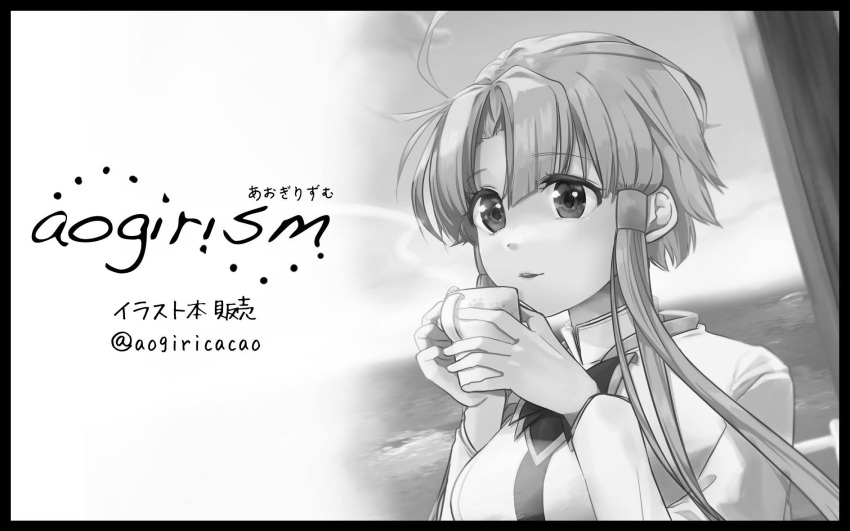 1girl ahoge aogirism aria aria_company_uniform artist_name black_border border bow bowtie breasts cup dutch_angle greyscale hair_tubes hands_up highres holding holding_cup long_sleeves looking_at_viewer medium_breasts mizunashi_akari monochrome mug outdoors parted_bangs parted_lips short_hair_with_long_locks solo steam twitter_username