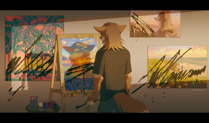 2023 5_fingers anthro brown_body brown_fur brown_hair brush canid canine canis clothed clothing cloud ears_down female fingers fur hair hi_res holding_object light looking_away mammal novalone_(suzamuri) paintbrush painting pivoted_ears plant shadow solo sunlight sunrise suzamuri tree wolf