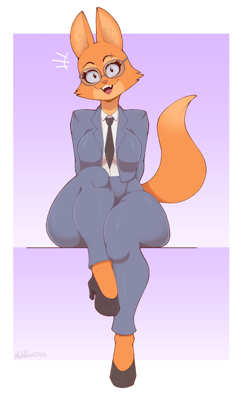 absurd_res anthro business_suit canid canine clothing diane_foxington dreamworks eyebrow_piercing eyewear facial_piercing female footwear fox glasses hi_res high_heels looking_at_viewer mammal mehdrawings necktie open_mouth open_smile piercing sitting smile solo suit the_bad_guys thick_thighs wide_hips
