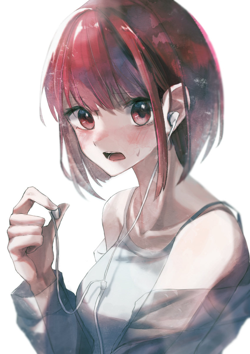 1girl absurdres arima_kana bare_shoulders blunt_bangs blush bob_cut breasts camisole collarbone commentary earbuds earphones flustered grey_camisole hand_up headphones highres holding holding_headphones inverted_bob jigsaw_paru looking_at_viewer off_shoulder open_mouth oshi_no_ko red_eyes red_hair removing_earbuds shirt short_hair simple_background small_breasts solo sweatdrop upper_body white_background white_camisole white_shirt
