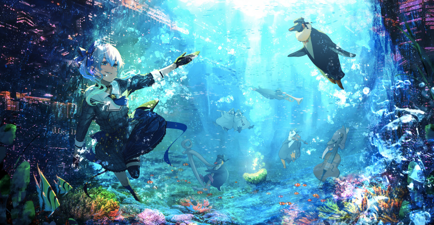 1girl absurdres bird blue_eyes blue_hair choker clarinet coral double_bass ember_(7012) fish flute gloves harp headpiece highres hololive hoshimachi_suisei instrument penguin side_ponytail underwater violin virtual_youtuber