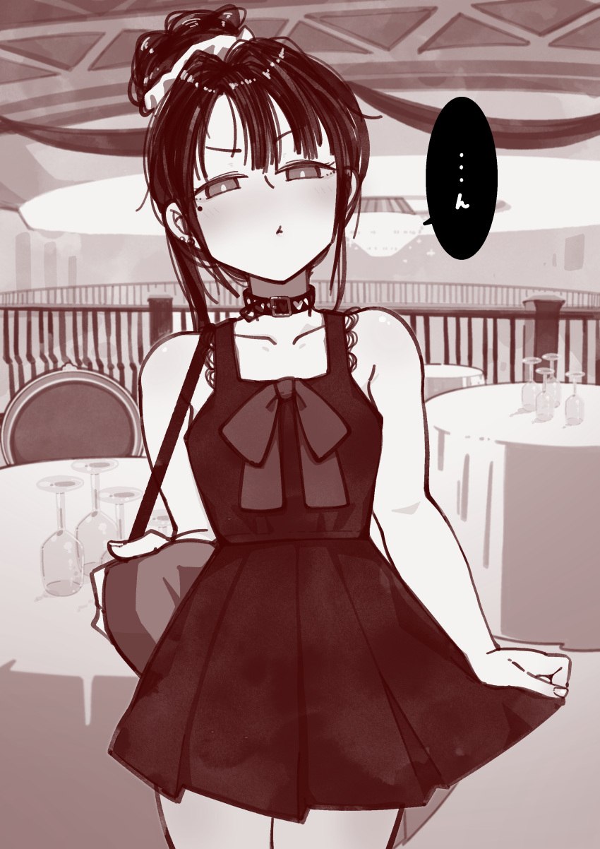 1girl absurdres bag c-ms_(girls'_frontline) chair choker closed_mouth cup dress dress_tug drinking_glass gendouki girls'_frontline hair_bun highres holding holding_bag looking_at_viewer monochrome pout railing rooftop skirt skirt_tug standing table tablecloth wine_glass