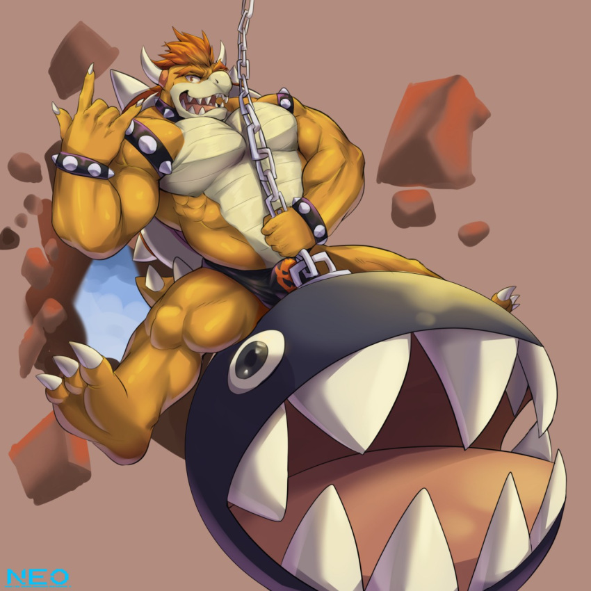 anthro bowser clothing hand_sign hi_res male male/male mario_bros muscular muscular_male neofi nintendo solo speedo spikes swimwear wrecking_ball