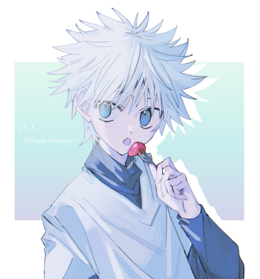 1boy blue_eyes food fork fruit highres holding holding_fork hunter_x_hunter killua_zoldyck layered_sleeves long_sleeves male_child male_focus okizakana shirt short_hair short_over_long_sleeves short_sleeves solo strawberry upper_body white_hair white_shirt