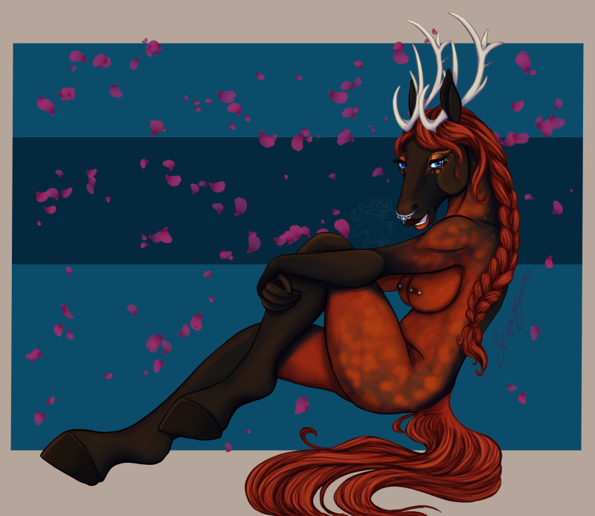 anthro antlers bedroom_eyes big_hooves braided_hair braided_ponytail dappled_body equid equine facial_piercing female fur hair hi_res horn looking_at_viewer mammal narrowed_eyes nipple_piercing nipples nose_piercing nude piercing ponytail raised_leg red_body red_fur red_hair scapeh seductive sitting smile smiling_at_viewer solo torielle