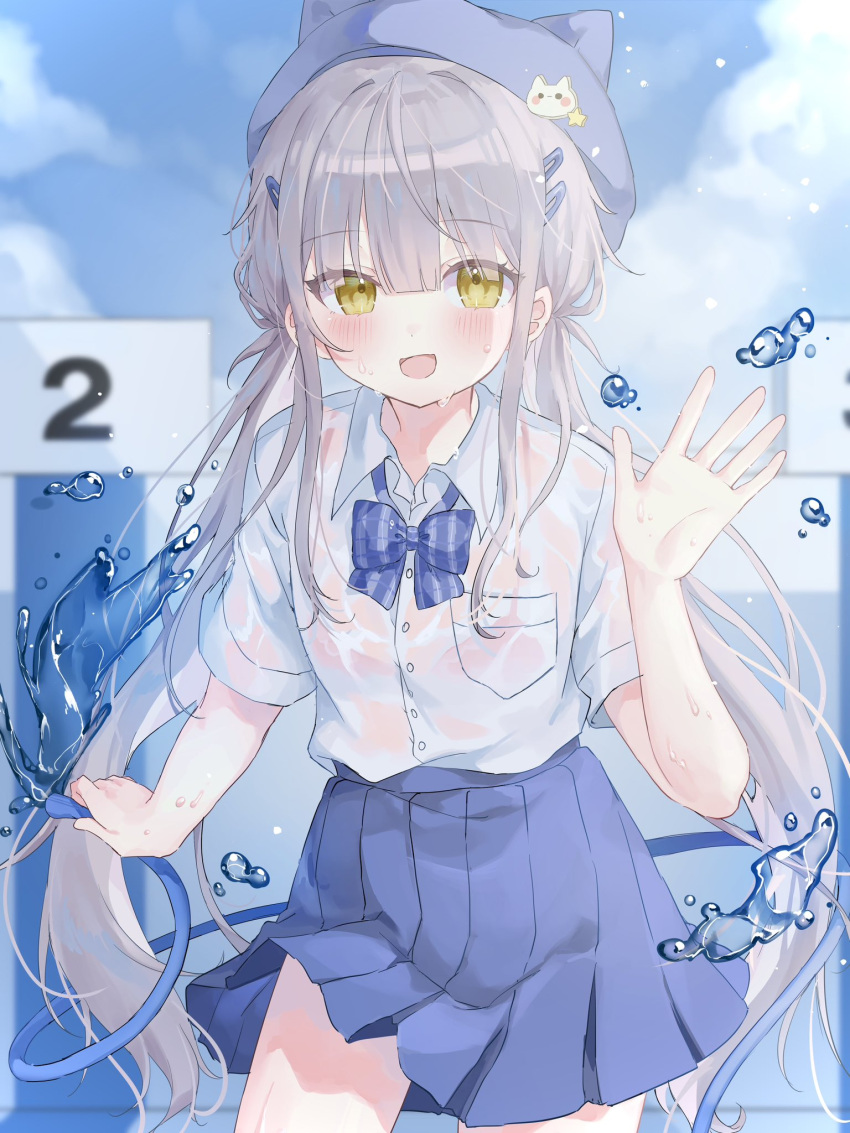 1girl blue_bow blue_bowtie blue_skirt blue_sky blunt_bangs blush bow bowtie buttons cloud cloudy_sky collared_shirt commentary_request cowboy_shot day dress_shirt hair_ornament hairpin hand_up hat head_tilt highres hose long_hair looking_at_viewer loose_bowtie low_twintails open_mouth original parted_bangs pleated_skirt pool riri_(ri0177) school_uniform shirt shirt_tucked_in short_sleeves sidelocks skirt sky smile solo standing sweat twintails water waving wet wet_clothes wet_shirt white_shirt yellow_eyes
