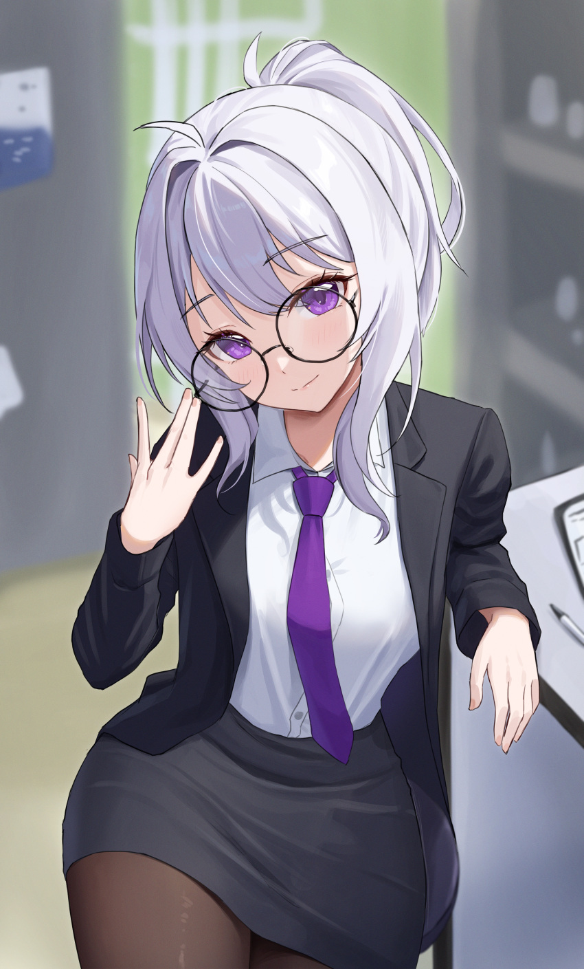 1girl absurdres adjusting_eyewear black_jacket black_skirt blurry blurry_background closed_mouth collared_shirt commentary glasses head_tilt highres ine_(vtuber) jacket long_hair long_sleeves looking_at_viewer necktie office_lady pencil_skirt ponytail purple_eyes purple_necktie rinrasetsu round_eyewear shirt sidelocks sitting skirt skirt_suit smile solo suit virtual_youtuber waktaverse white_hair white_shirt