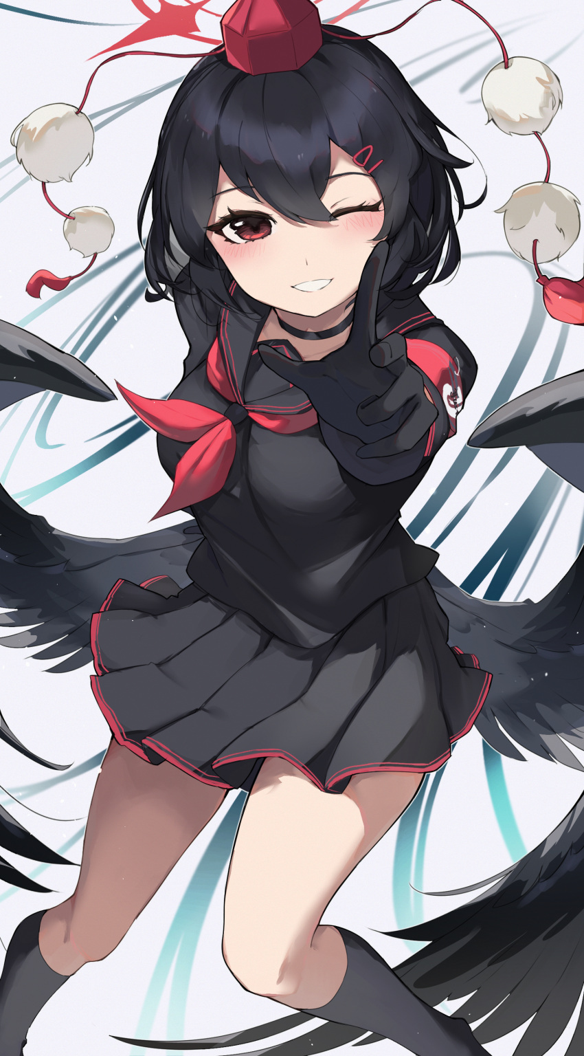 1girl ;d absurdres alternate_costume armband black_choker black_gloves black_hair black_serafuku black_socks black_wings blue_archive blush breasts choker cosplay feathered_wings gloves halo hat highres ichika_(blue_archive) ichika_(blue_archive)_(cosplay) kneehighs looking_at_viewer medium_breasts neckerchief one_eye_closed pleated_skirt pom_pom_(clothes) ra_mun5239 red_armband red_eyes red_halo red_neckerchief school_uniform serafuku shameimaru_aya simple_background skirt smile socks solo tokin_hat touhou white_background wings