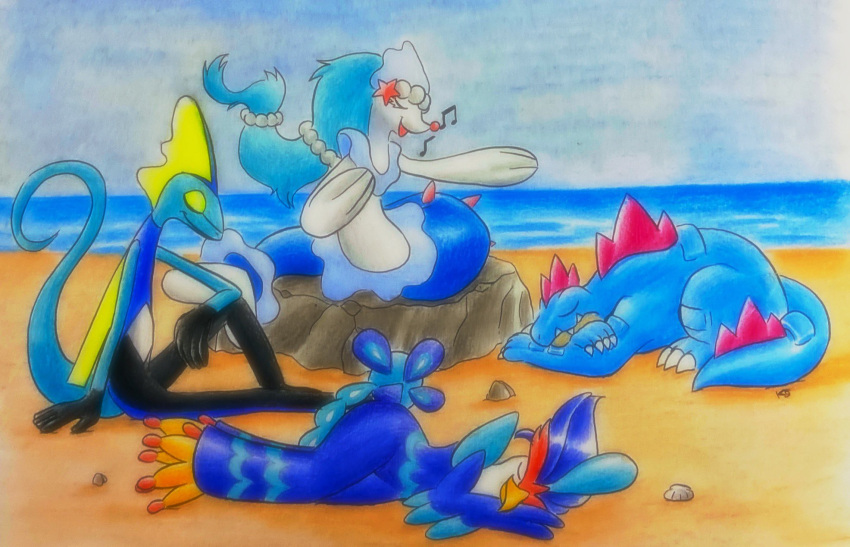 3_claws 3_fingers 3_toes 4_claws 4_fingers 5_fingers ambiguous_gender beach blue_body claws eyes_closed feet feral feraligatr fingers generation_2_pokemon generation_7_pokemon generation_8_pokemon generation_9_pokemon group hi_res humanoid inteleon monotone_body multicolored_body musical_note nintendo open_mouth outside pokemon pokemon_(species) primarina quaquaval sea seaside sky sleeping toe_claws toes traditional_media_(artwork) two_tone_body vaultvulpine water white_body