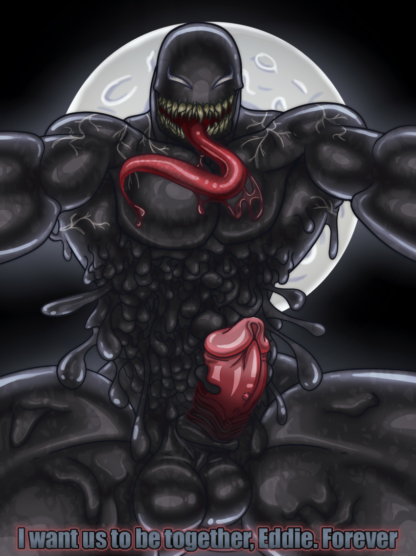 alien balls crazmax genitals hi_res humanoid long_tongue male marvel monster muscular muscular_male open_mouth penis simple_background smile solo symbiote teeth text tongue tongue_out venom venom_(marvel)