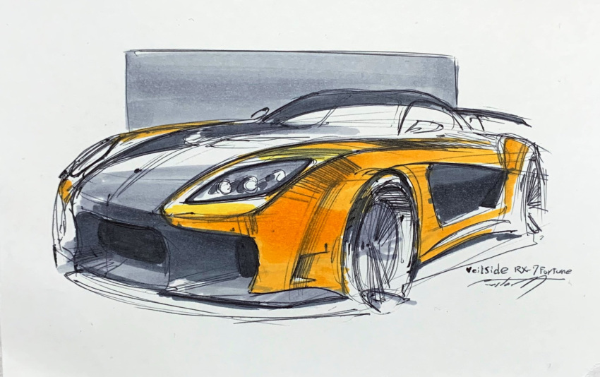 car highres ink_(medium) keito_(mczzru_kei) marker_(medium) mazda mazda_rx-7 mazda_rx-7_fd motor_vehicle no_humans signature sketch solo spoiler_(automobile) sports_car the_fast_and_the_furious the_fast_and_the_furious:_tokyo_drift traditional_media vehicle_focus vehicle_name veilside