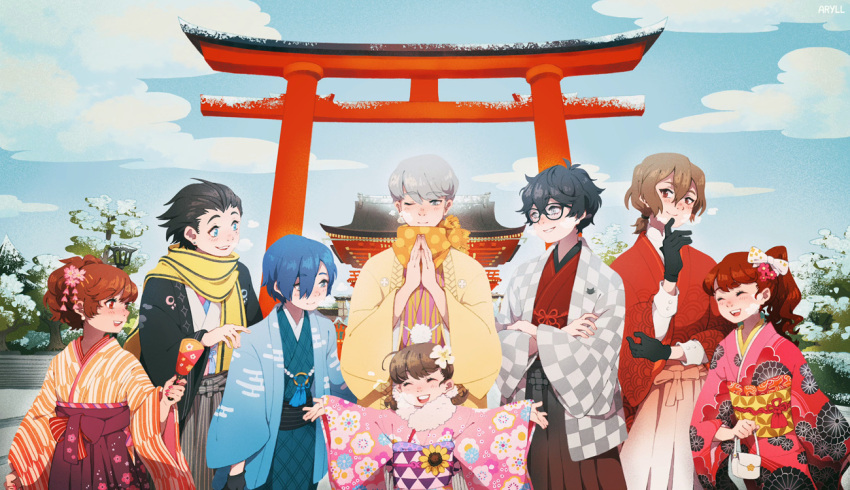 3girls 5boys akechi_gorou amamiya_ren artist_name aryll_(marbles) bag black-framed_eyewear black_gloves black_hair blue_kimono character_request check_character child cloud crossed_arms doujima_nanako earrings egasumi furisode glasses gloves grey_hair hair_ornament handbag japanese_clothes jewelry kimono mochizuki_ryouji multiple_boys multiple_girls narukami_yuu outdoors own_hands_together persona persona_3 persona_3_portable persona_4 persona_5 pink_kimono seigaiha shiomi_kotone snow stud_earrings temple torii wide_sleeves yoshizawa_sumire yukata yuuki_makoto