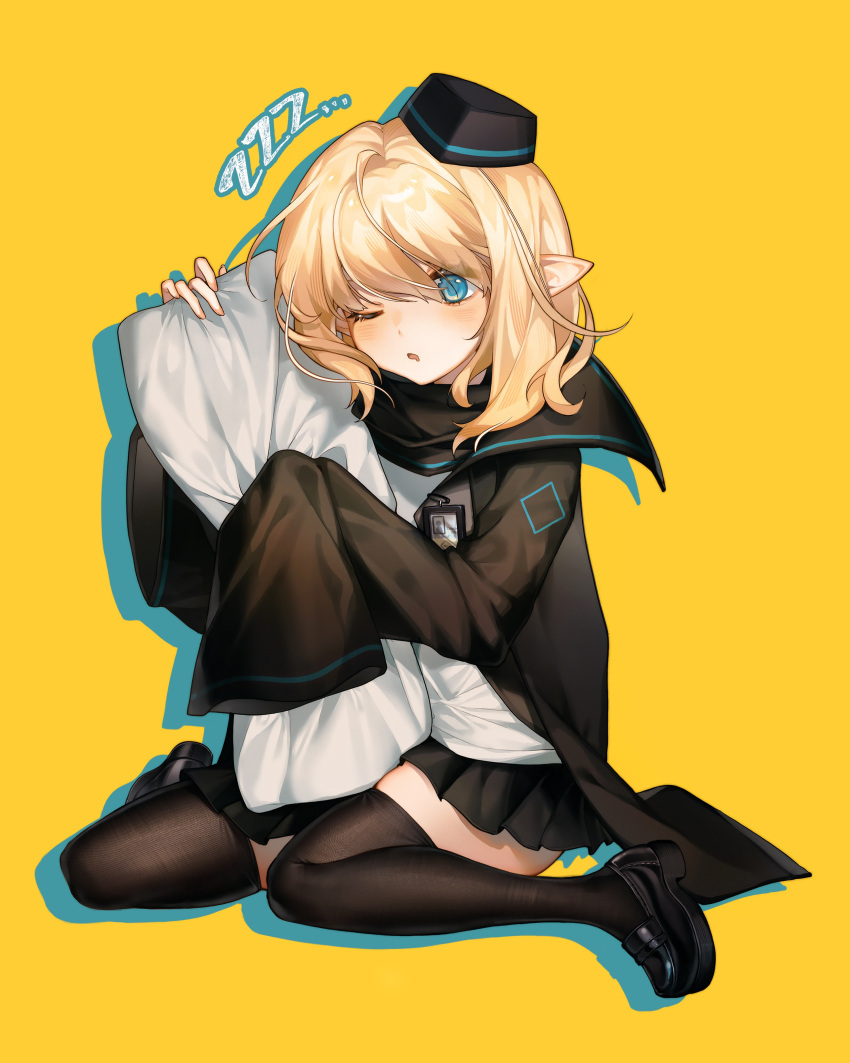 1girl absurdres achunzi arknights black_coat black_footwear black_headwear black_skirt black_thighhighs blonde_hair blue_eyes blush coat durin_(arknights) fingernails full_body hands_up hat highres holding holding_pillow id_card long_sleeves looking_at_viewer medium_hair object_hug one_eye_closed open_clothes open_coat parted_lips pillow pillow_hug pointy_ears shoes simple_background sitting skirt sleeves_past_wrists solo thighhighs wariza yellow_background zzz