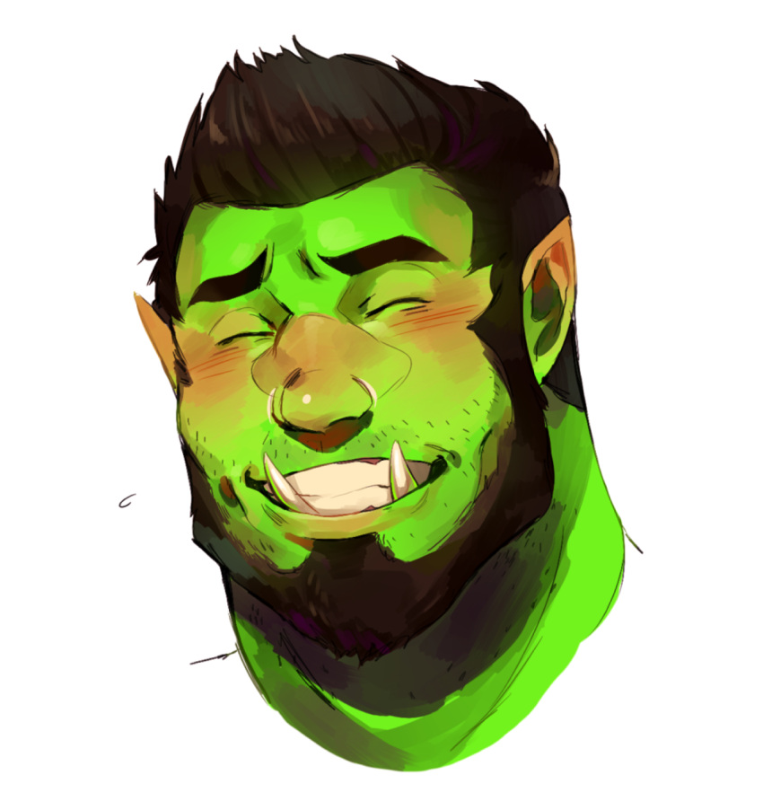 1boy bara beard blush colored_skin commission ear_blush facial_hair furrowed_brow green_skin grin highres lokh male_focus mature_male monster_boy mustache_stubble orc original pointy_ears portrait short_hair smile solo thick_eyebrows tusks