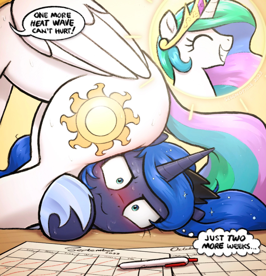 2023 absurd_res blush bodily_fluids cutie_mark digital_media_(artwork) duo english_text equid equine eyelashes eyes_closed female feral friendship_is_magic grin hasbro hi_res horn looking_at_viewer mammal my_little_pony princess_celestia_(mlp) princess_luna_(mlp) selenophile sibling_(lore) sister_(lore) smile sweat text unicorn