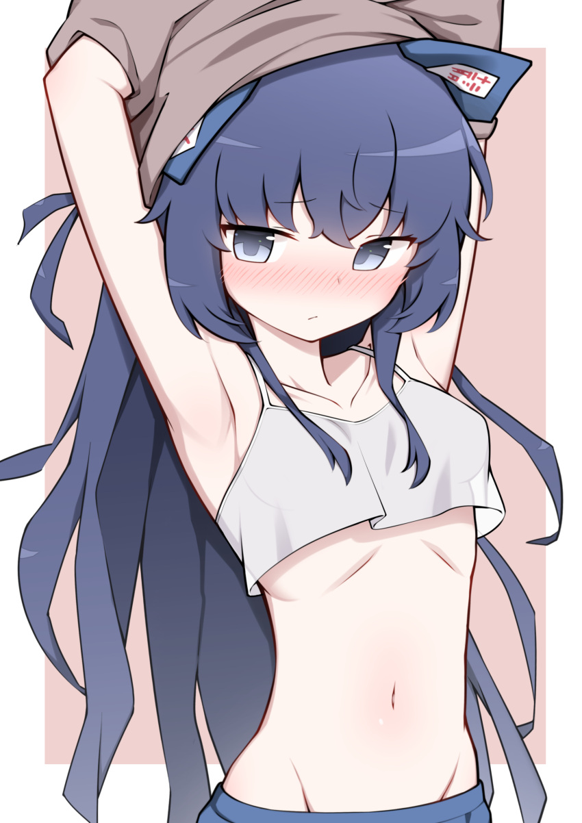 1girl :/ absurdres armpits arms_up blue_eyes blue_hair blue_skirt blush breasts crop_top elbow_blush embarrassed groin highres long_hair losingmysauce navel nose_blush pink_background simple_background skirt small_breasts solo touhou undressing very_long_hair yorigami_shion