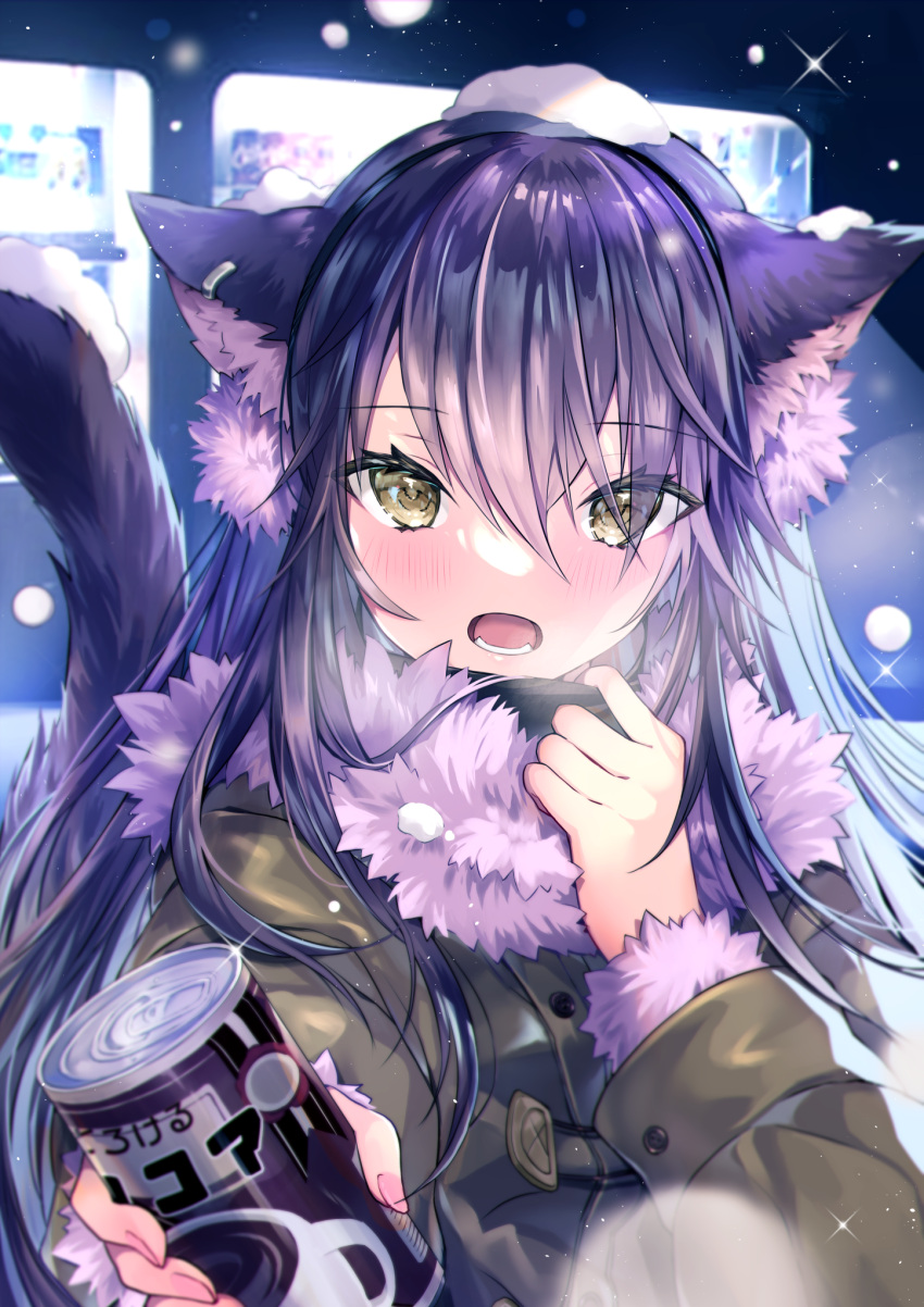 07touka25 1girl animal_ears black_hair breath brown_coat can cat_ears cat_girl cat_tail coat fur_collar giving gradient_hair highres hot_chocolate long_hair long_sleeves looking_at_viewer multicolored_hair open_mouth original pink_hair snow snow_on_head snowing tail yellow_eyes