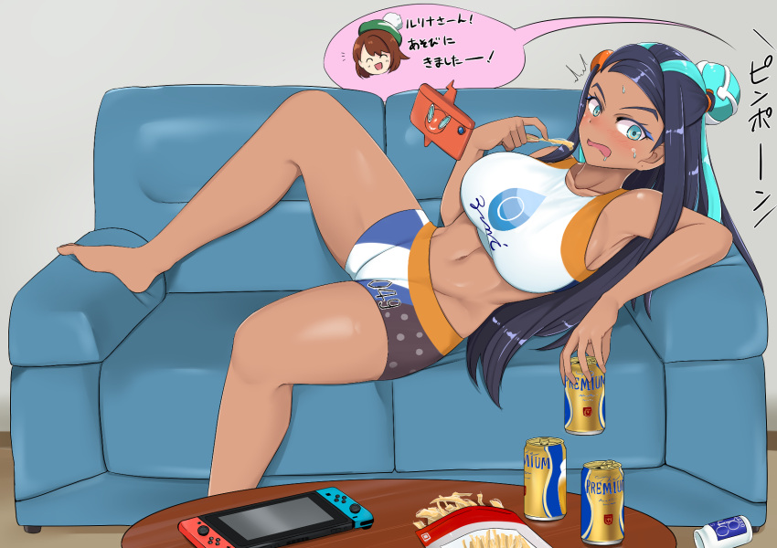 2girls armpits bare_shoulders barefoot beer_can bike_shorts black_hair blue_eyes blue_eyeshadow blue_hair blush breasts brown_hair can cellphone chips_(food) closed_eyes collarbone commentary_request couch crop_top dark-skinned_female dark_skin drooling eyeshadow food fuji_(mokusei_ginga) full_body gloria_(pokemon) groin hair_bun hat highres holding holding_can holding_food jewelry large_breasts long_hair looking_to_the_side lying makeup midriff multicolored_hair multiple_girls navel nessa_(pokemon) nintendo_switch notice_lines on_couch on_side open_mouth phone pokemon pokemon_(game) pokemon_swsh rotom rotom_phone shadow short_hair single_hair_bun smartphone smile speech_bubble sports_bra sweat table tam_o'_shanter translation_request two-tone_hair wavy_mouth white_sports_bra