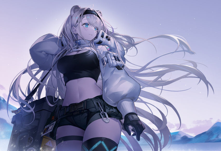 1girl animal_ears arknights aurora_(arknights) bear_ears black_gloves black_shirt blue_eyes breasts cliffheart_(arknights) commentary commentary_request cowboy_shot crop_top elite_ii_(arknights) fur-trimmed_jacket fur_trim gloves grey_shorts horns infection_monitor_(arknights) jacket large_breasts long_hair long_sleeves matterhorn_(arknights) midriff navel outdoors shirt short_shorts shorts shrug_(clothing) sky smile solo standing stomach thighs very_long_hair white_hair zerg_(z79438659)