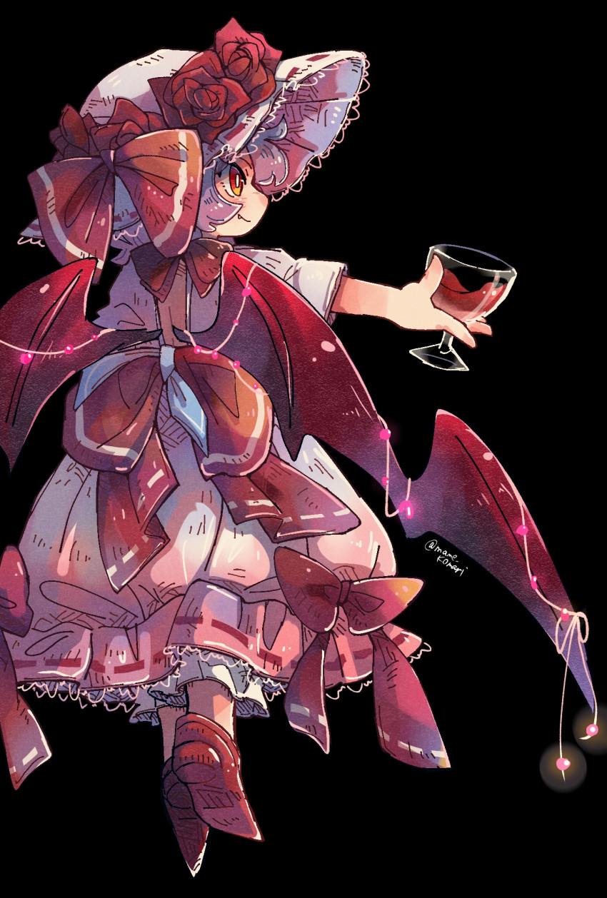 1girl bat_wings black_background blush closed_mouth cup dress drinking_glass fang frilled_dress frills full_body grey_hair hat highres holding holding_cup mame_komari red_eyes red_footwear red_wings remilia_day remilia_scarlet shoes short_hair short_sleeves simple_background smile solo touhou twitter_username white_dress white_headwear wine_glass wings
