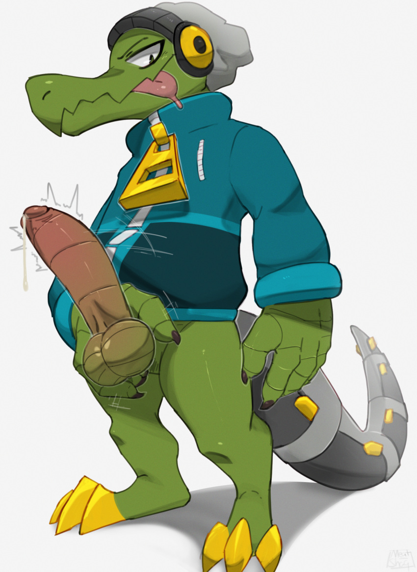 anthro balls beanie big_penis bodily_fluids bottomless claws clothed clothing crocodile crocodilian crocodylid dripping erection genital_fluids genitals hat headgear headphones headwear hi_res humanoid_genitalia humanoid_penis jacket latch lethal_league male meatshaq mechanical_tail partially_clothed penis precum precum_drip reptile saliva scalie solo toe_claws tongue tongue_out topwear