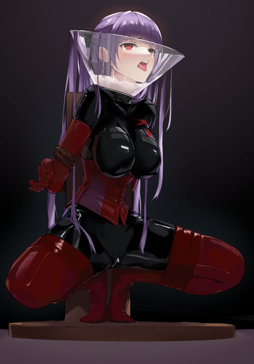 2girls arms_behind_back asagami_fujino bdsm black_gloves bodysuit bondage bondage_outfit boots bound breasts corset cum fate/grand_order fate_(series) gloves highres impossible_clothes kara_no_kyoukai latex latex_bodysuit latex_gloves latex_legwear long_hair multiple_girls open_mouth purple_hair red_corset red_eyes red_footwear red_gloves rope skindentation solo squatting thigh_boots tongue tongue_out