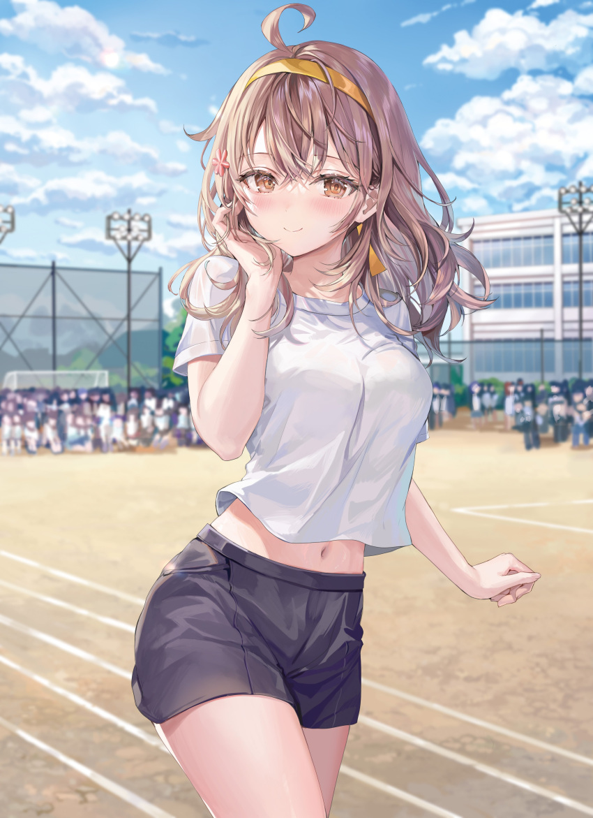 6+boys 6+girls absurdres ahoge black_shorts blue_sky blurry blurry_background blush breasts brown_eyes brown_hair building closed_mouth cloud cloudy_sky collarbone crossed_bangs floating_clothes floating_hair gym_uniform hairband hand_on_own_face highres large_breasts light_smile mariya_mikhailovna_kujou medium_hair momoko_(momopoco) multiple_boys multiple_girls navel novel_illustration official_art outdoors running school_uniform shirt shorts sky smile solo_focus tokidoki_bosotto_roshia-go_de_dereru_tonari_no_arya-san white_shirt yellow_hairband