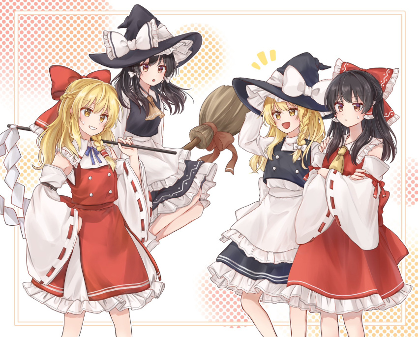 2girls adapted_costume apron ascot bare_shoulders black_hair black_headwear black_skirt black_vest blonde_hair blush bow braid broom broom_riding brown_eyes closed_mouth cosplay costume_switch detached_sleeves frilled_apron frilled_skirt frills gohei grin hair_between_eyes hair_bow hair_tubes hakurei_reimu hakurei_reimu_(cosplay) hat hat_bow highres holding holding_gohei japanese_clothes kirisame_marisa kirisame_marisa_(cosplay) long_hair long_sleeves multiple_girls multiple_views nontraditional_miko open_mouth red_bow red_skirt reimu_tyuki ribbon-trimmed_sleeves ribbon_trim shirt sidelocks single_braid skirt smile touhou vest waist_apron white_apron white_bow white_shirt white_sleeves wide_sleeves witch_hat yellow_ascot yellow_eyes