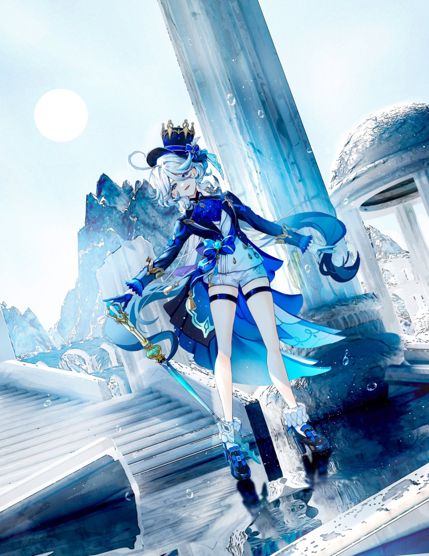 1girl ascot asymmetrical_gloves blue_ascot blue_brooch blue_gemstone blue_hair blue_headwear blue_jacket cowlick drop-shaped_pupils dutch_angle furina_(genshin_impact) gem genshin_impact gloves hat heterochromia high_heels highres holding holding_sword holding_weapon jacket light_blue_hair mismatched_gloves mismatched_pupils nekoyama_iori pillar shorts solo stairs sword top_hat weapon white_shorts