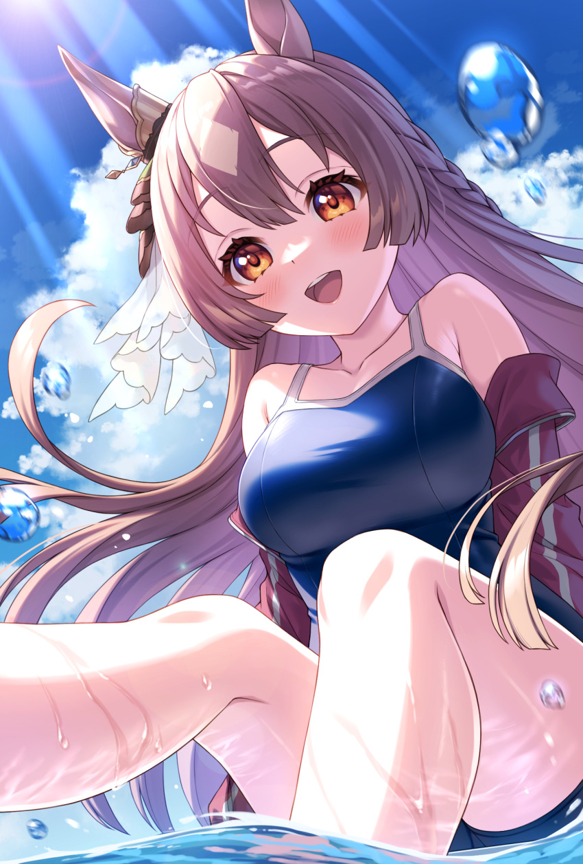 1girl animal_ears bare_arms bare_legs bare_shoulders blue_one-piece_swimsuit blush breasts brown_eyes brown_hair collarbone commentary_request day hair_between_eyes highres horse_ears horse_girl large_breasts long_hair one-piece_swimsuit open_mouth outdoors satono_diamond_(umamusume) school_swimsuit smile solo swimsuit tomo_(tmtm_mf_mf) umamusume