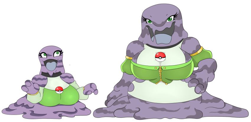 3_fingers anthro armwear big_breasts breasts clothing duo female fingers generation_1_pokemon green_eyes grimer hi_res legless muk nintendo pokeball pokemon pokemon_(species) purple_body shirt simple_background slime tongue topwear urusee584 white_background zipper