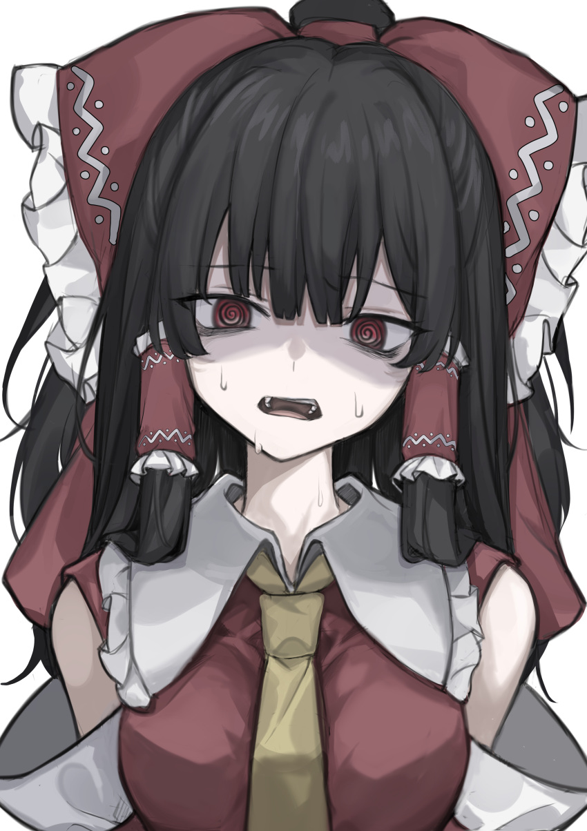 1girl @_@ absurdres ascot bags_under_eyes black_hair bow breasts commentary_request detached_sleeves frilled_bow frilled_hair_tubes frills hair_bow hair_tubes hakurei_reimu highres hisha_(kan_moko) long_hair medium_breasts open_mouth red_bow red_eyes shaded_face simple_background solo sweat touhou upper_body white_background yellow_ascot